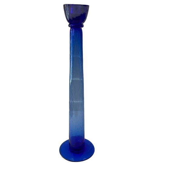 Seeded Cobalt Blue Blown Glass Tall Candlestick